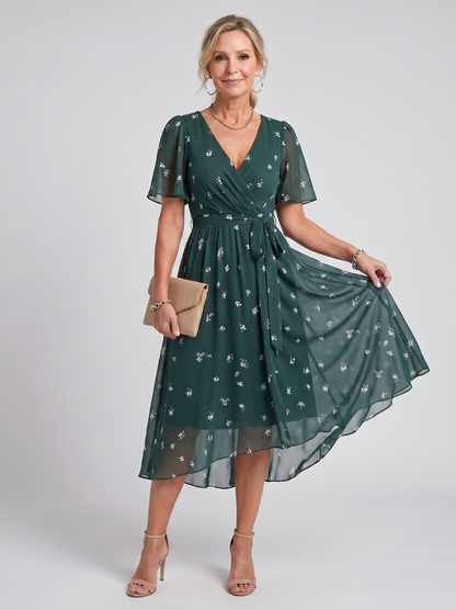 Isabella | Flutter Sleeve Gathered Waist Floral Print Midi Dress