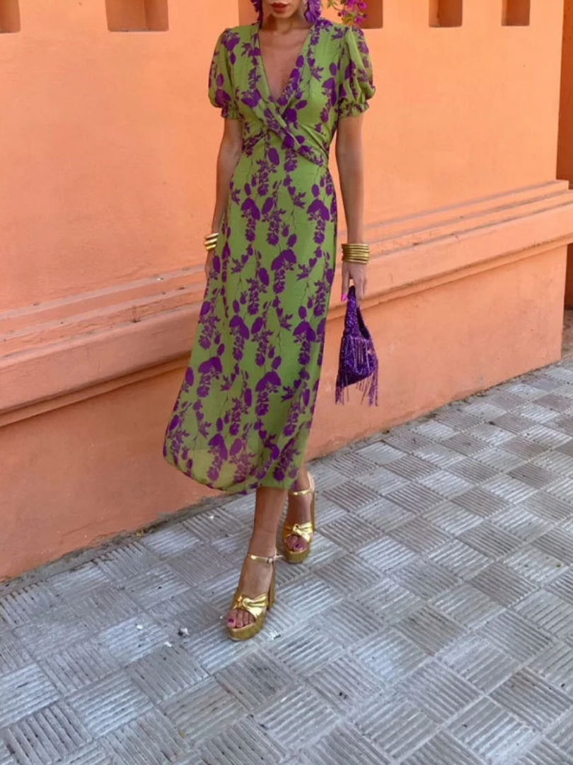 Jasmin | Short Sleeve Floral V Neck Midi Dress