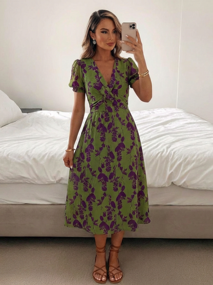 Jasmin | Short Sleeve Floral V Neck Midi Dress