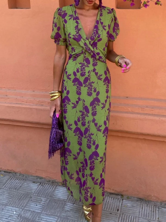 Jasmin | Short Sleeve Floral V Neck Midi Dress