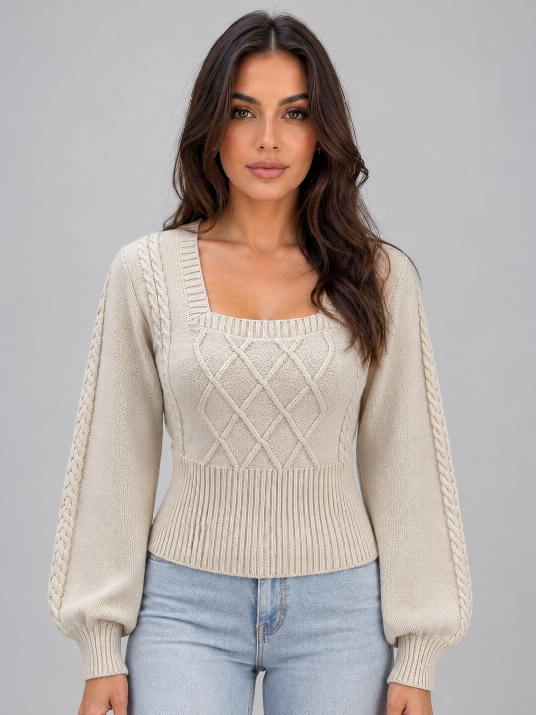 Joan | Jersey de ochos con cuello cuadrado y mangas abullonadas