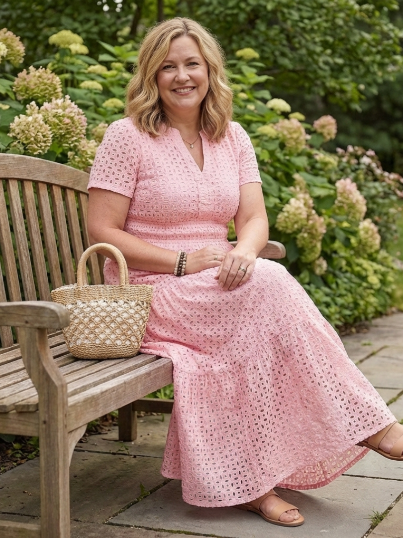 Laura | Short Sleeve Eyelet Tiered Midi Dress