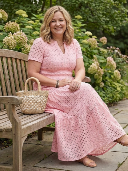 Laura | Short Sleeve Eyelet Tiered Midi Dress