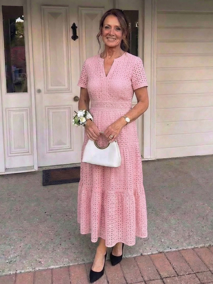 Laura | Short Sleeve Eyelet Tiered Midi Dress