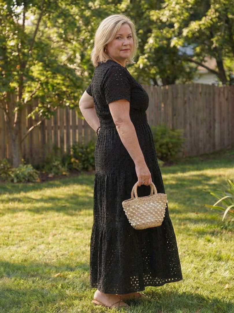 Laura | Short Sleeve Eyelet Tiered Midi Dress