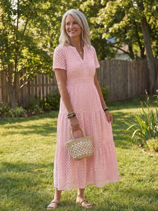 Laura | Short Sleeve Eyelet Tiered Midi Dress