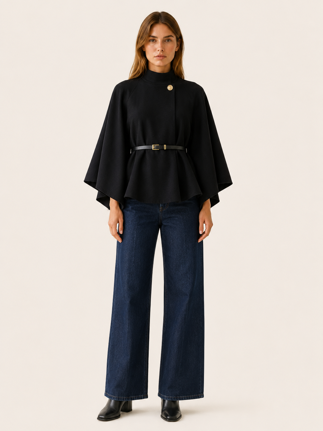 Lora | High Neck Belted Cape Jacket