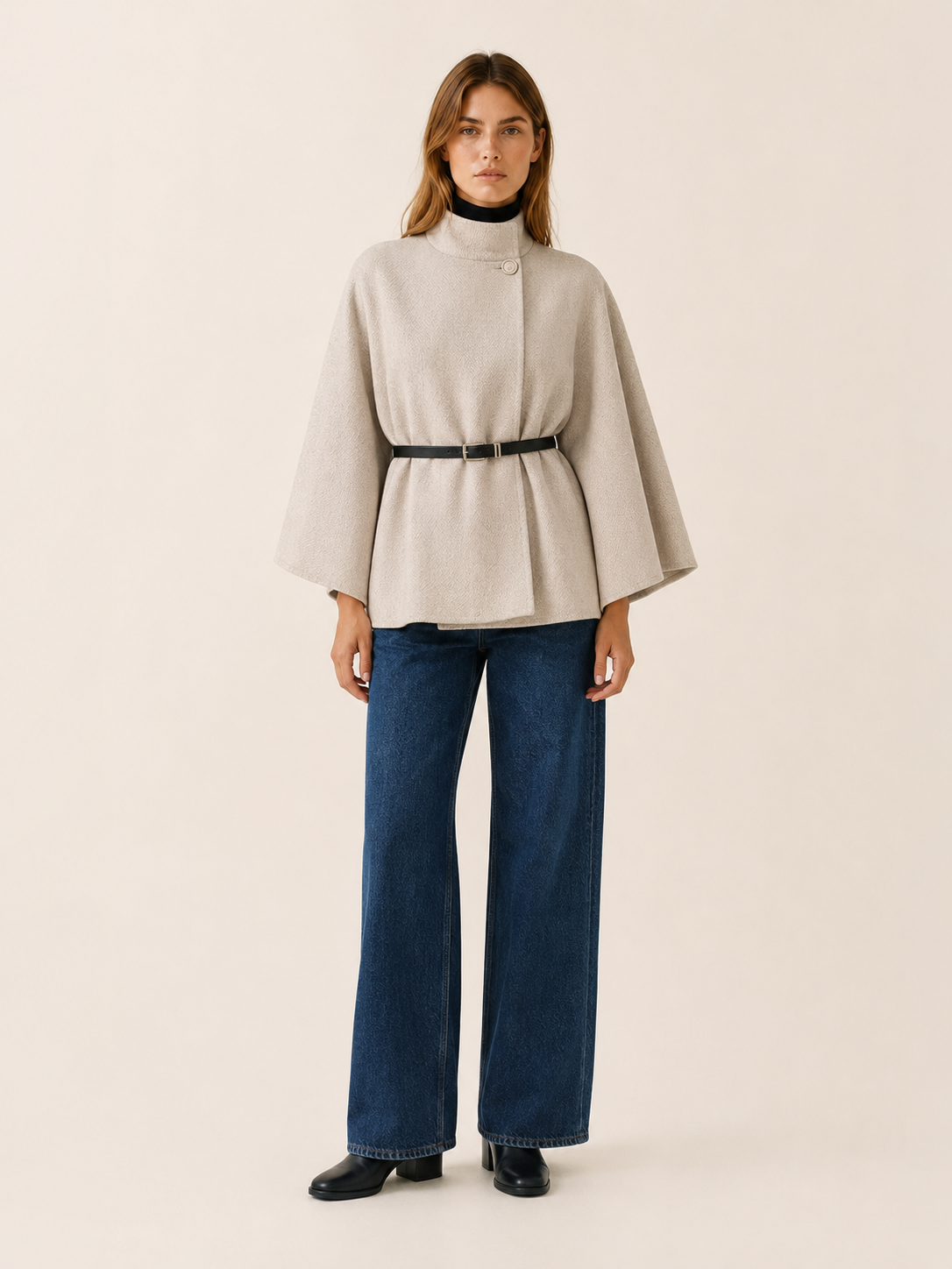 Lora | High Neck Belted Cape Jacket