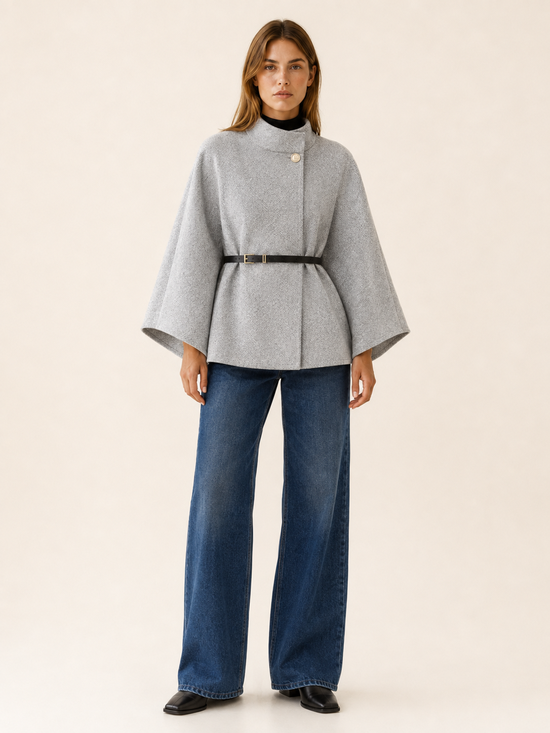 Lora | High Neck Belted Cape Jacket