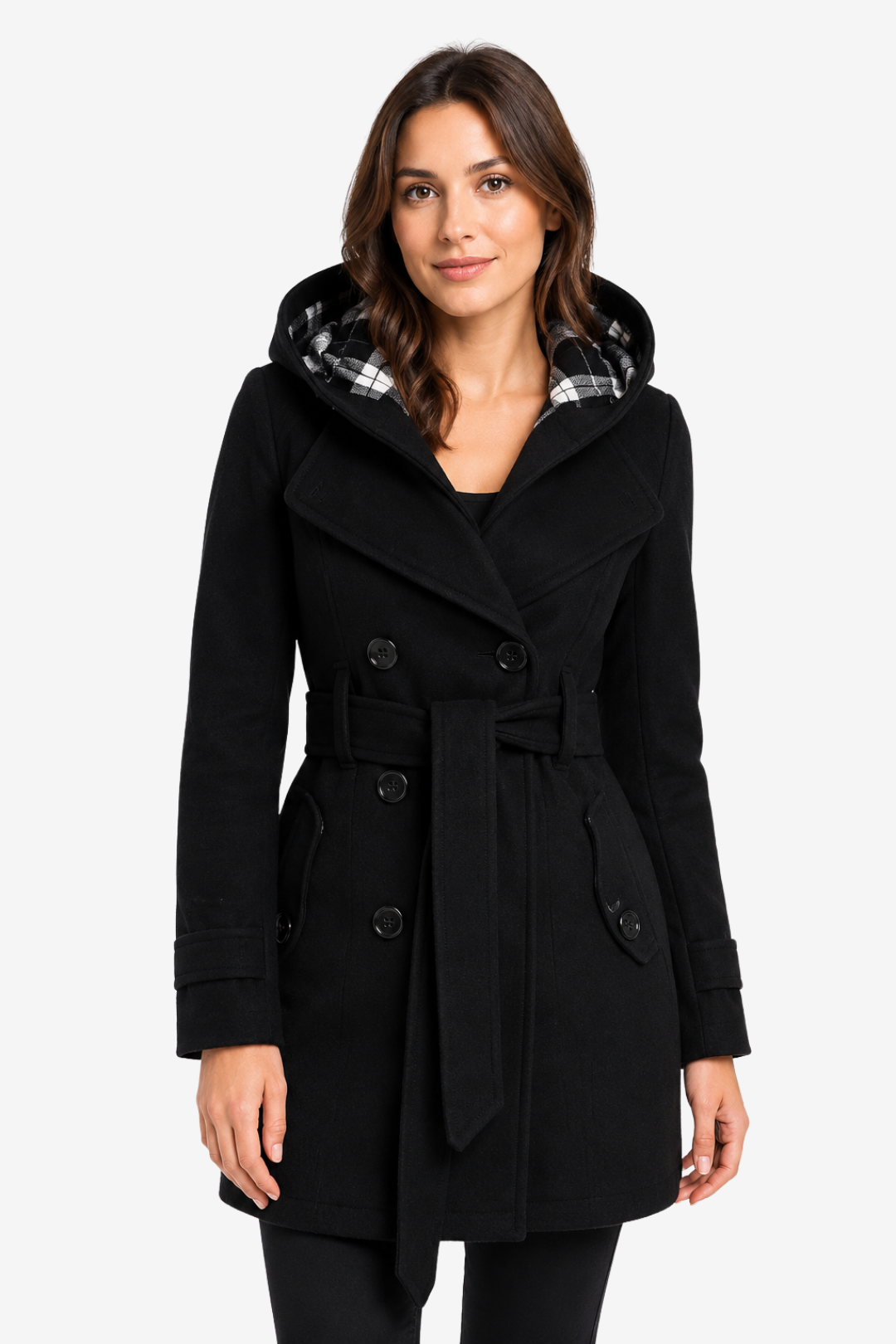 Lora | High Neck Belted Hooded Long Coat
