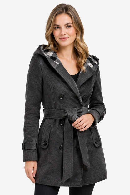 Lora | High Neck Belted Hooded Long Coat