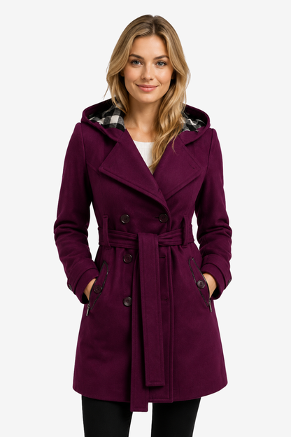 Lora | High Neck Belted Hooded Long Coat