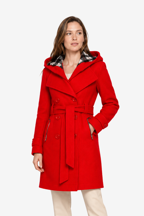 Lora | High Neck Belted Hooded Long Coat