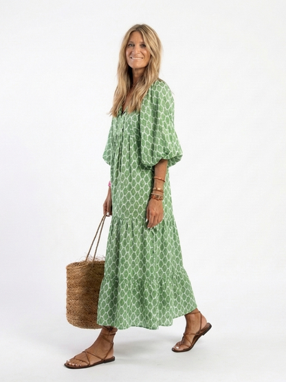 Luna | Three Quarter Sleeve V Neck Patterned Midi Dress