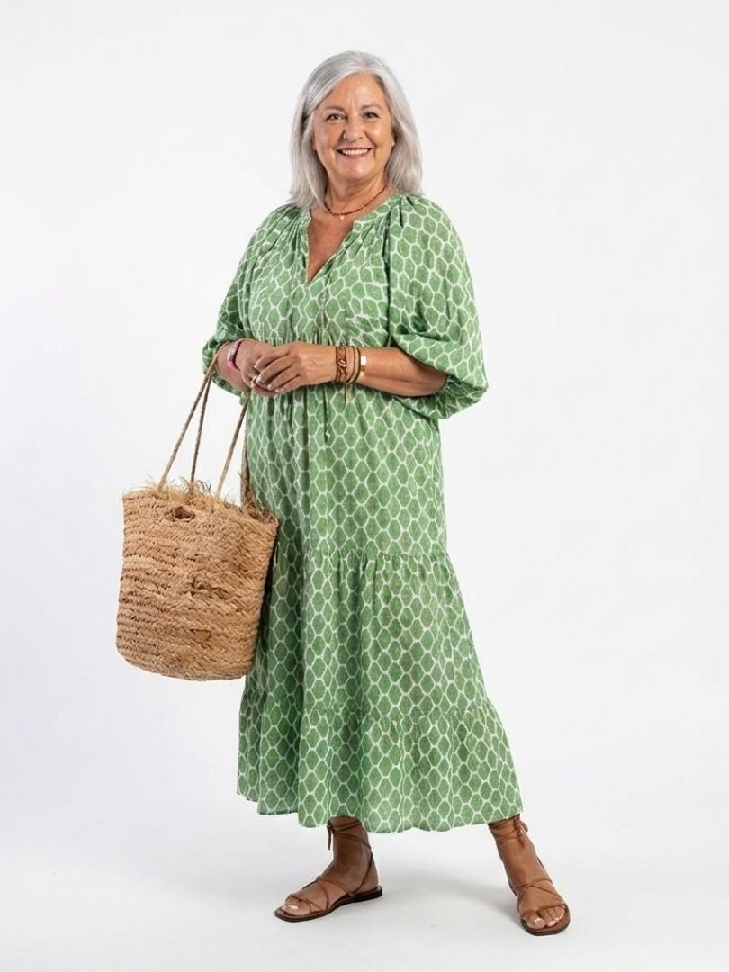 Luna | Three Quarter Sleeve V Neck Patterned Midi Dress