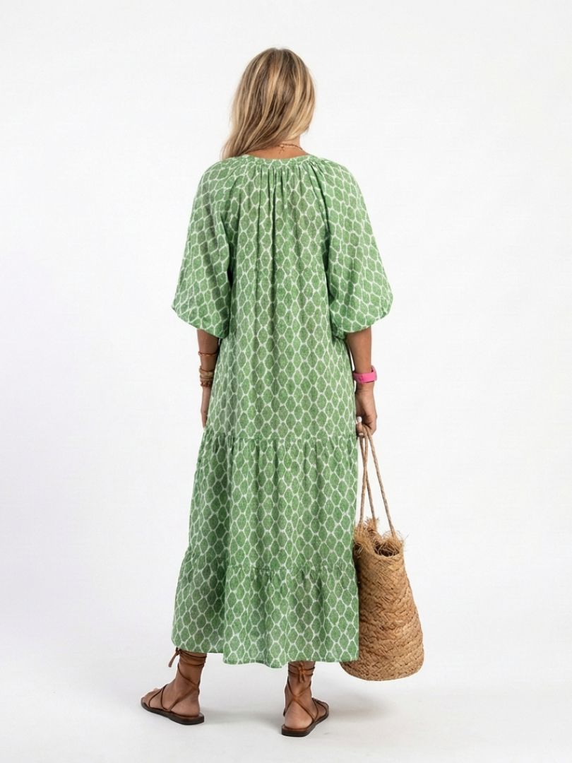 Luna | Three Quarter Sleeve V Neck Patterned Midi Dress