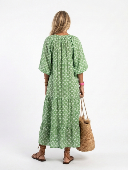 Luna | Three Quarter Sleeve V Neck Patterned Midi Dress