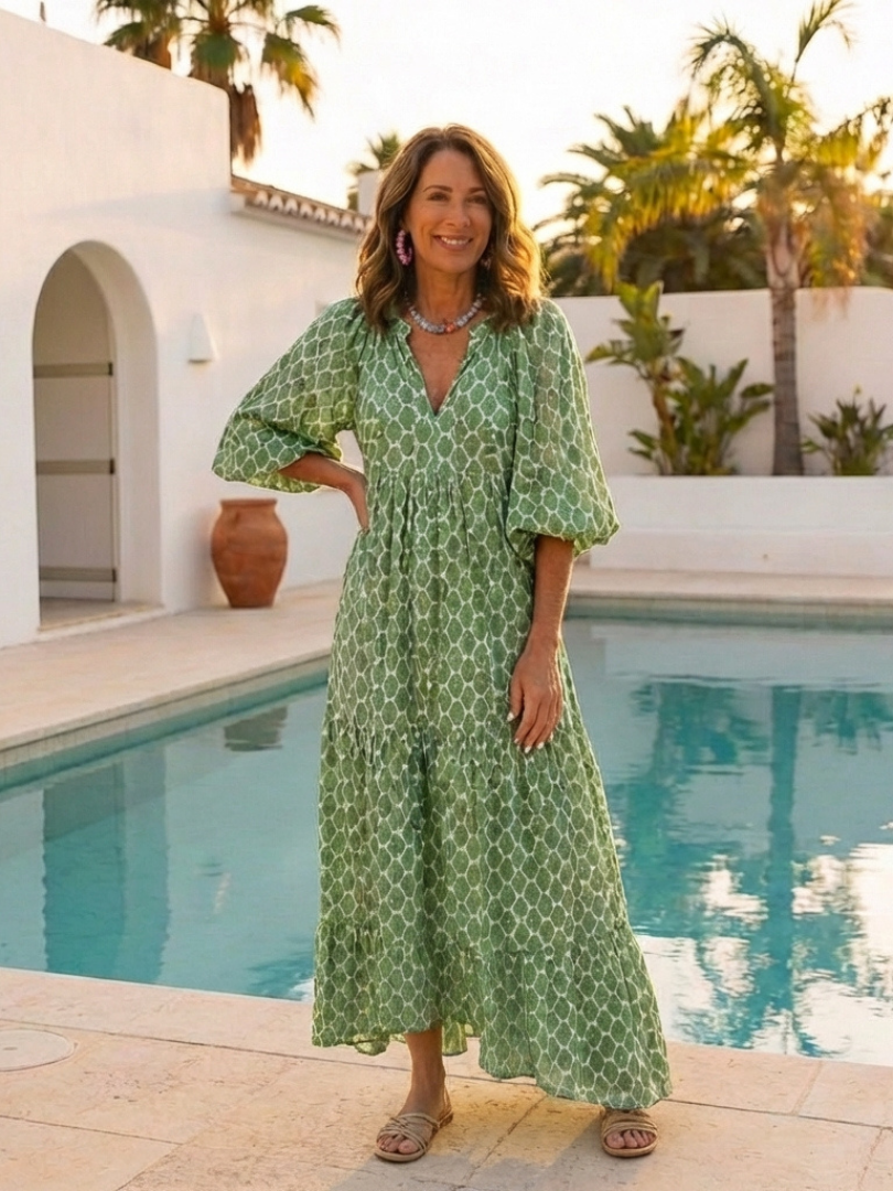 Luna | Three Quarter Sleeve V Neck Patterned Midi Dress
