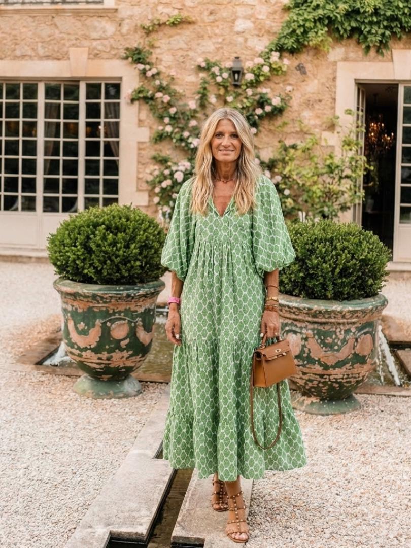 Luna | Three Quarter Sleeve V Neck Patterned Midi Dress