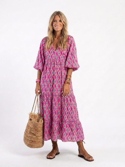 Luna | Three Quarter Sleeve V Neck Patterned Midi Dress