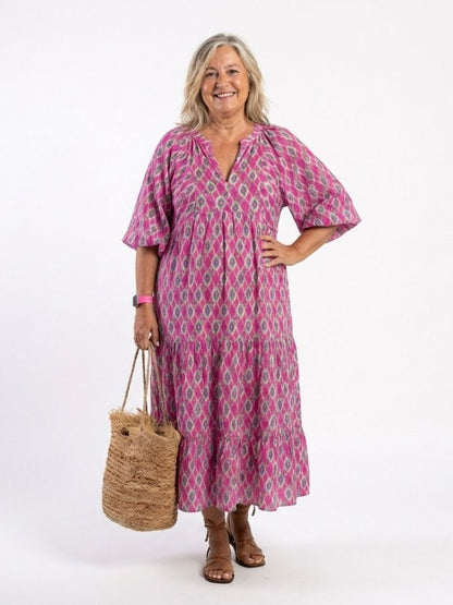 Luna | Three Quarter Sleeve V Neck Patterned Midi Dress