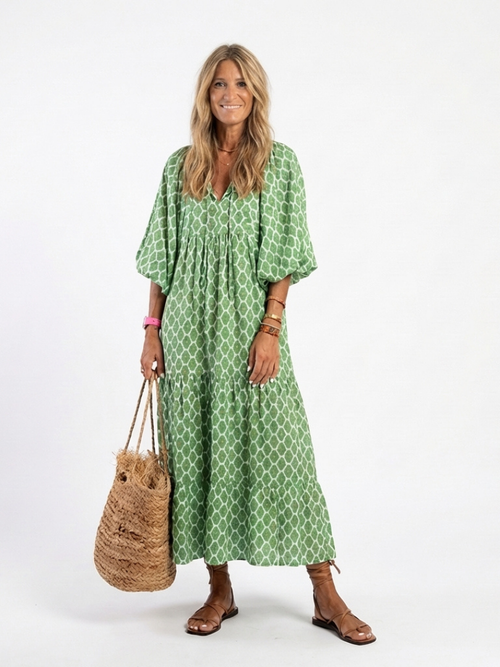 Luna | Three Quarter Sleeve V Neck Patterned Midi Dress