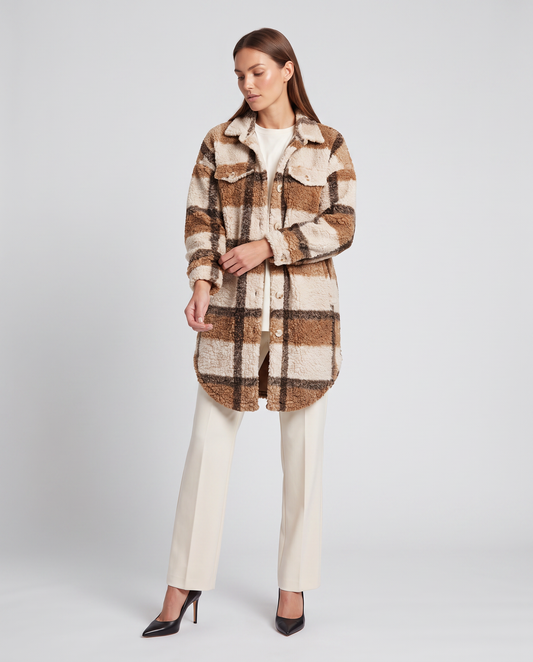 Amelia | Oversized Plaid Teddy Sherpa Longline Jacket