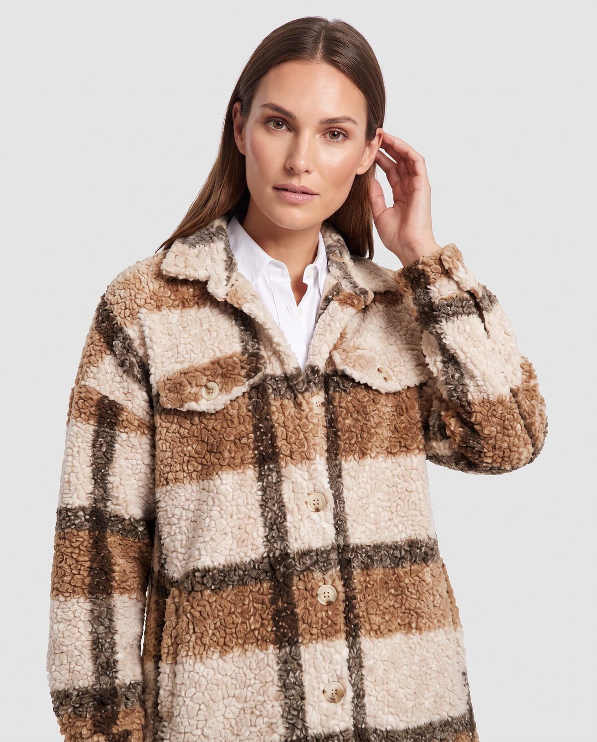 Amelia | Oversized Plaid Teddy Sherpa Longline Jacket