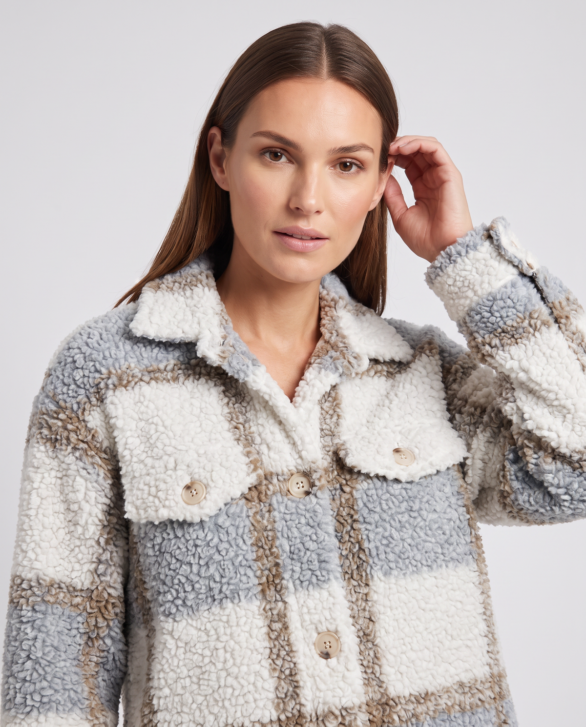 Amelia | Oversized Plaid Teddy Sherpa Longline Jacket