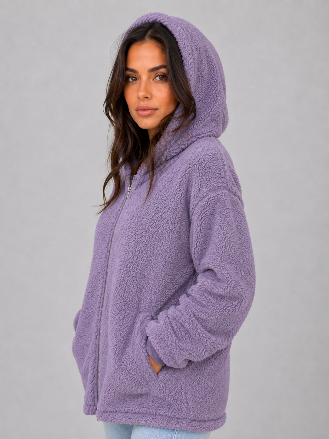 Mabel | Gilet long zippé à capuche en tissu teddy