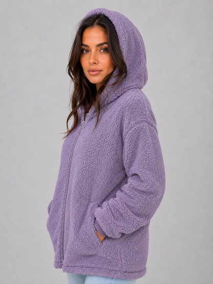 Mabel | Gilet long zippé à capuche en tissu teddy