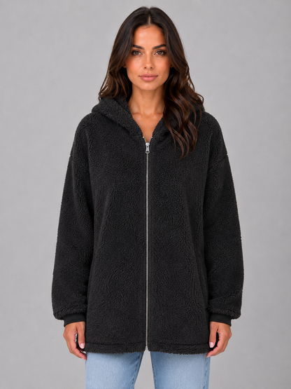 Mabel | Gilet long zippé à capuche en tissu teddy