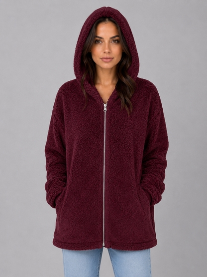 Mabel | Gilet long zippé à capuche en tissu teddy