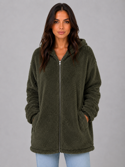 Mabel | Gilet long zippé à capuche en tissu teddy