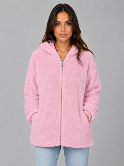 Mabel | Gilet long zippé à capuche en tissu teddy