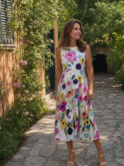 Madison | Floral Print Sleeveless Round Neck Midi Dress