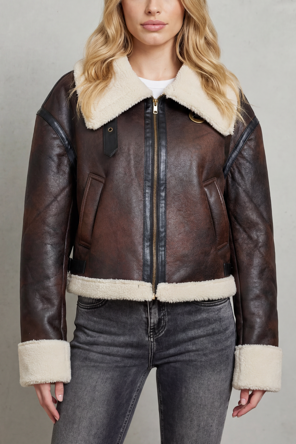 Magen | Shearling Trim Cropped Aviator Jacket