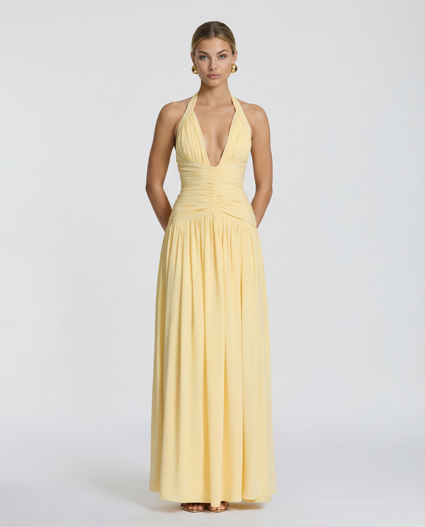 Margaret Ruched Halter Neck Maxi Dress