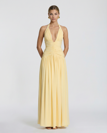 Margaret Ruched Halter Neck Maxi Dress