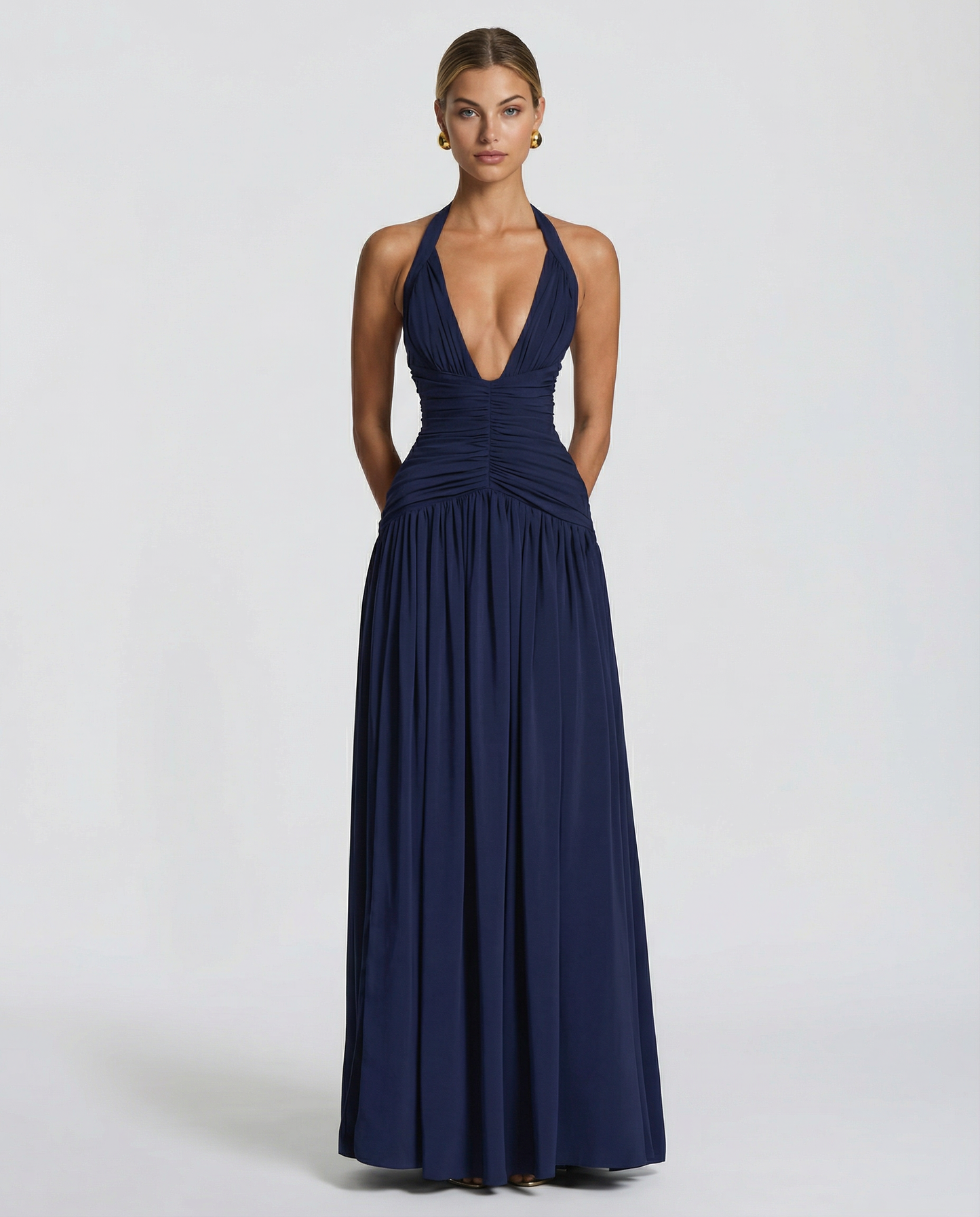 Margaret Ruched Halter Neck Maxi Dress