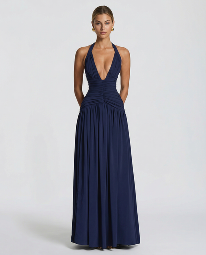 Margaret Ruched Halter Neck Maxi Dress