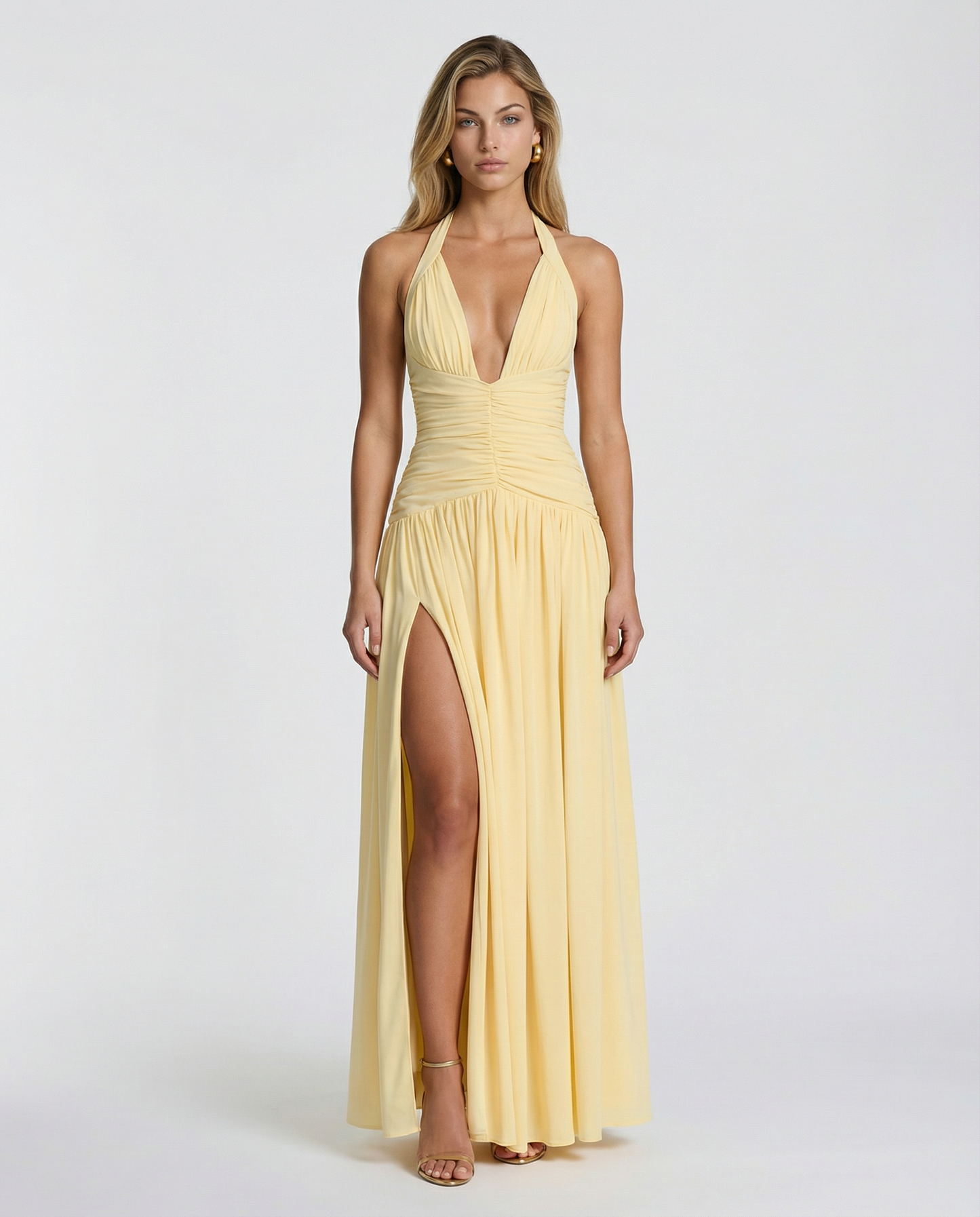 Margaret Ruched Halter Neck Maxi Dress