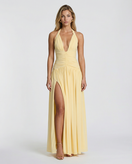 Margaret Ruched Halter Neck Maxi Dress