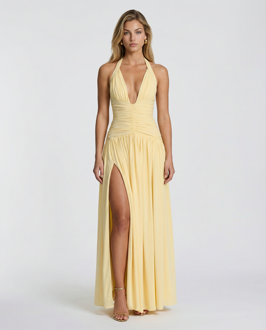Margaret Ruched Halter Neck Maxi Dress