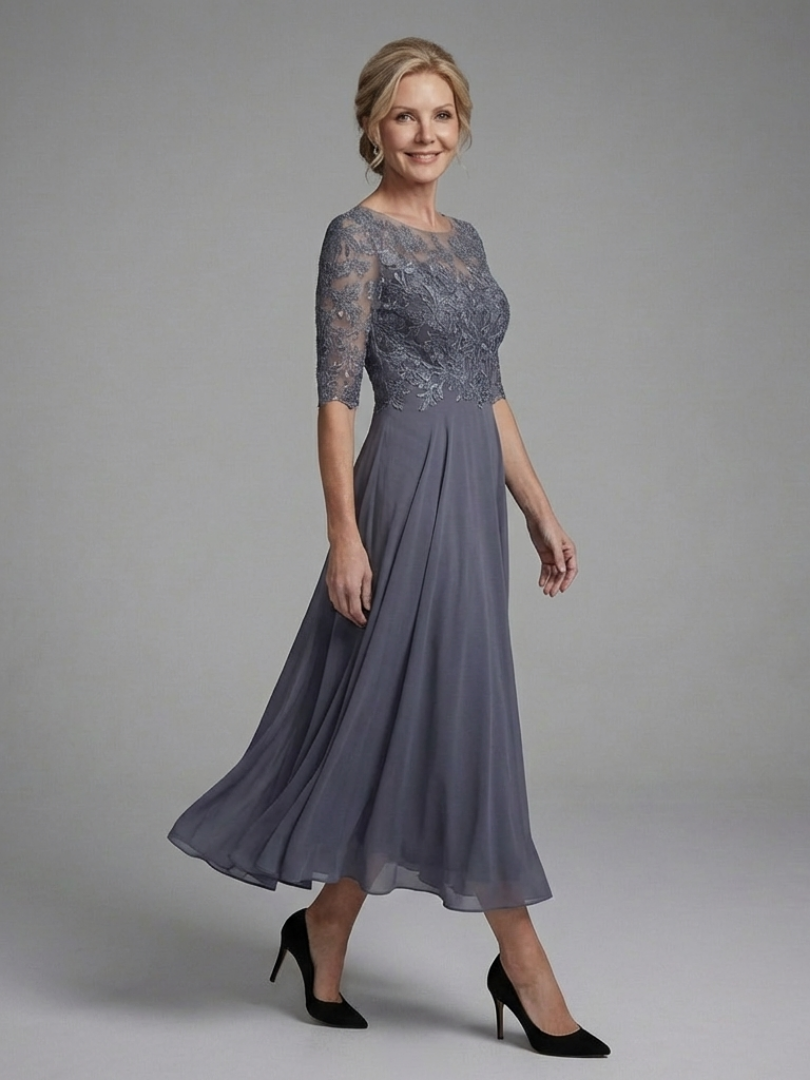 Mila | Lace Bodice Sheer Sleeve Midi Dress