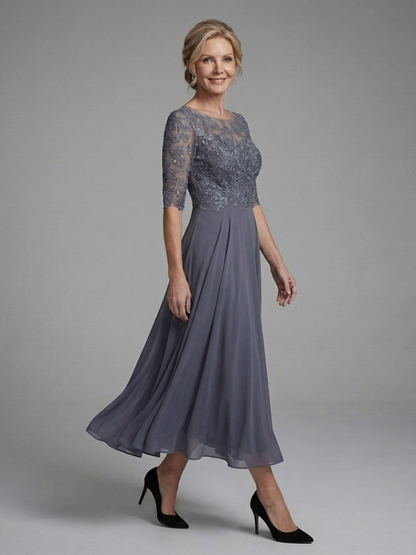 Mila | Lace Bodice Sheer Sleeve Midi Dress