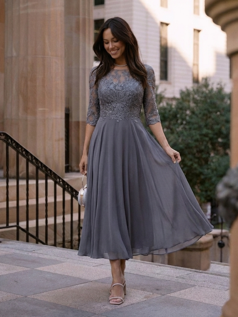 Mila | Lace Bodice Sheer Sleeve Midi Dress