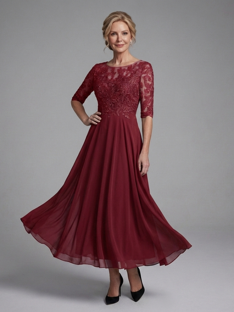 Mila | Lace Bodice Sheer Sleeve Midi Dress