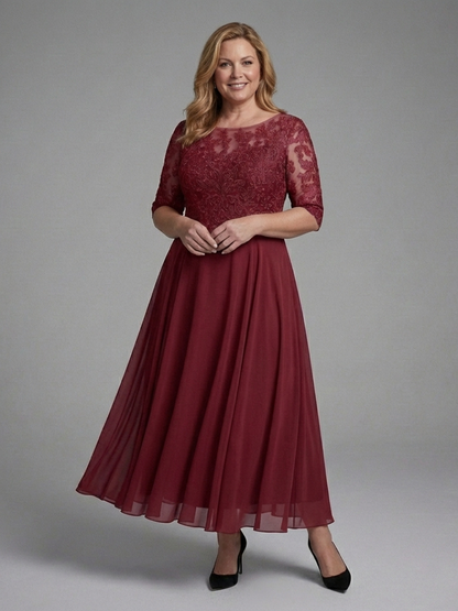 Mila | Lace Bodice Sheer Sleeve Midi Dress