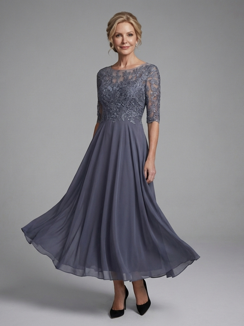 Mila | Lace Bodice Sheer Sleeve Midi Dress